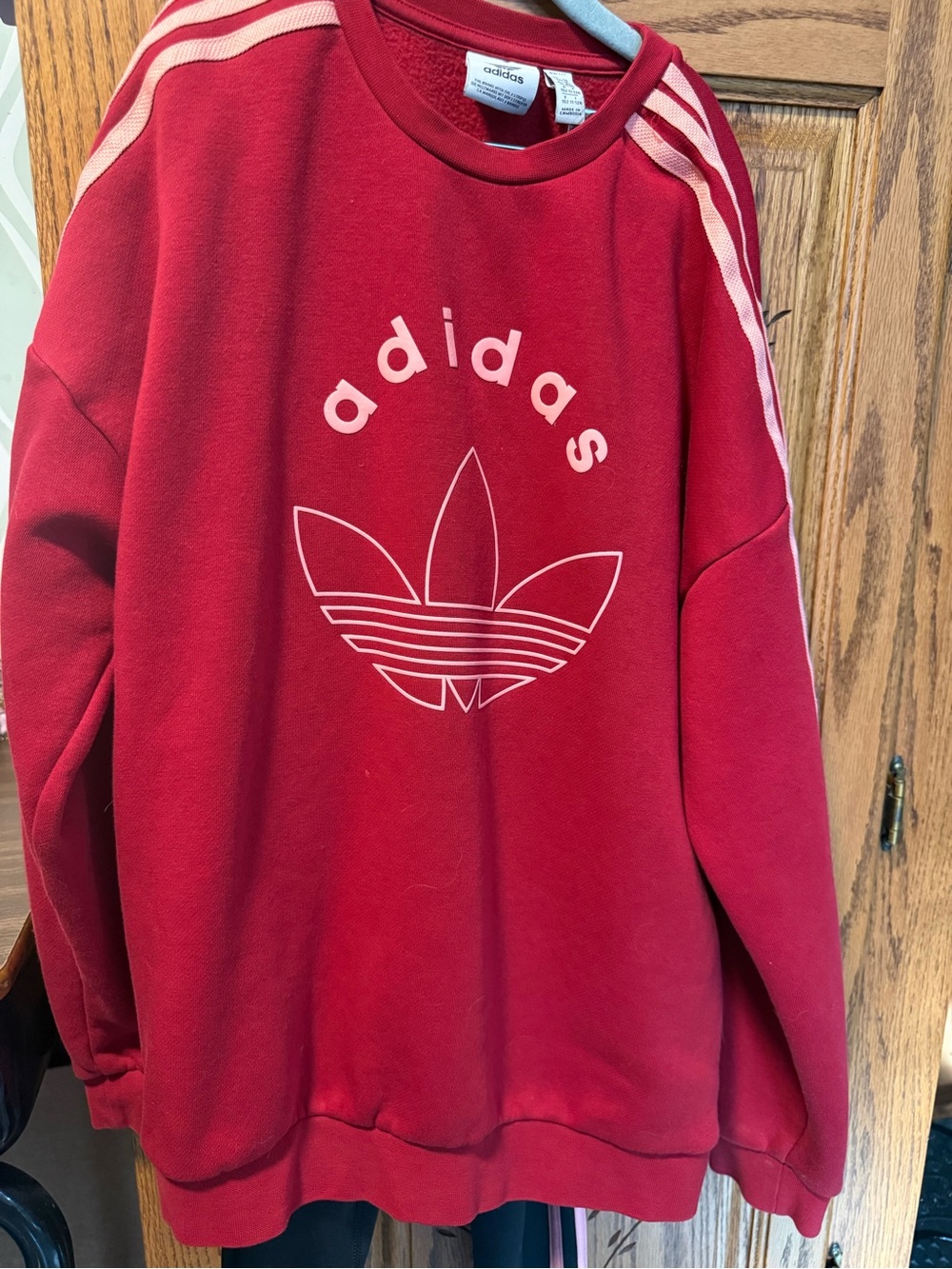 adidas Red Crew Sweatshirt with Light Pink Stripes